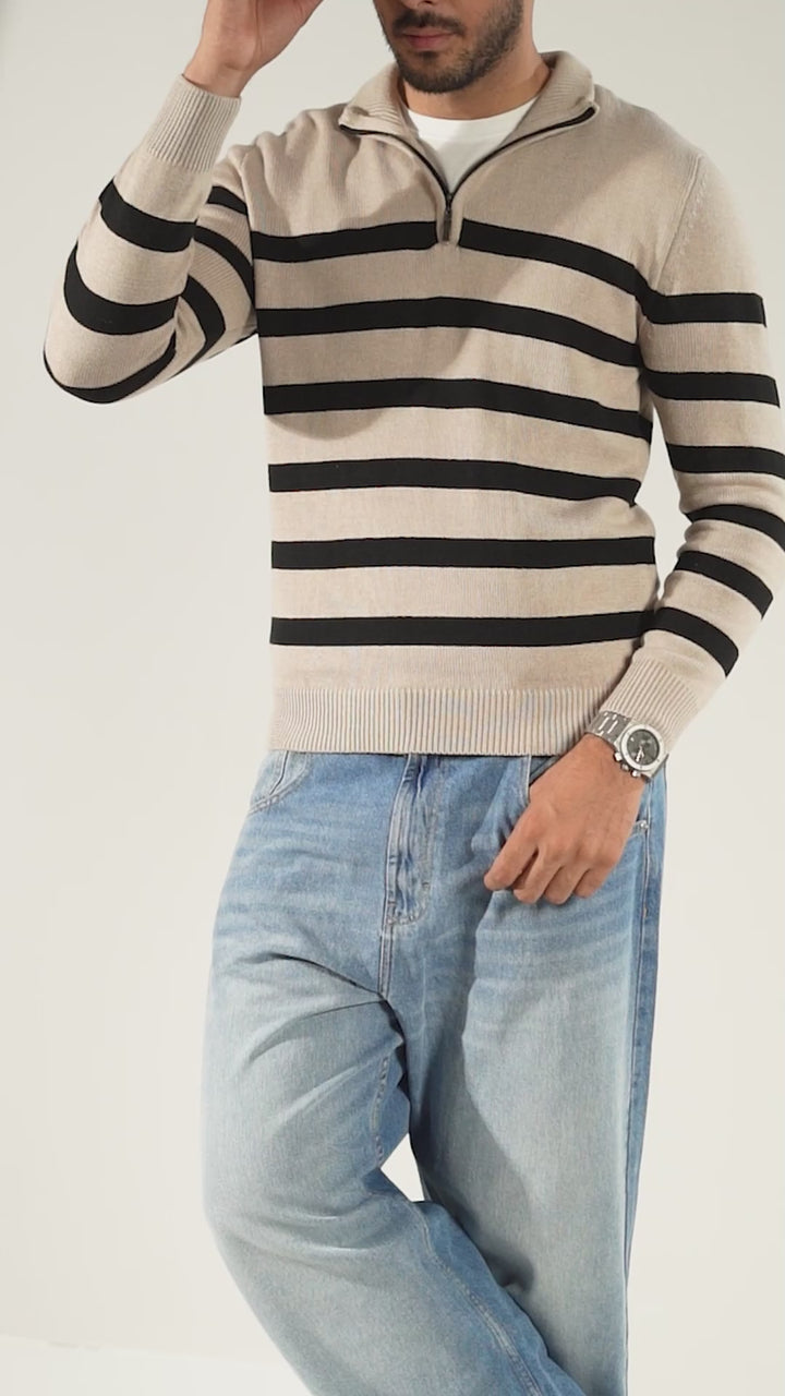Beige and Black Stripe Knit Sweater Men