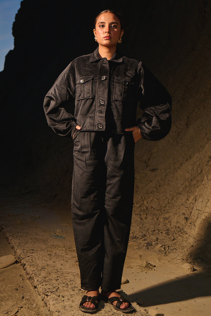 BLACK VELOUR PUFF CO ORD SET