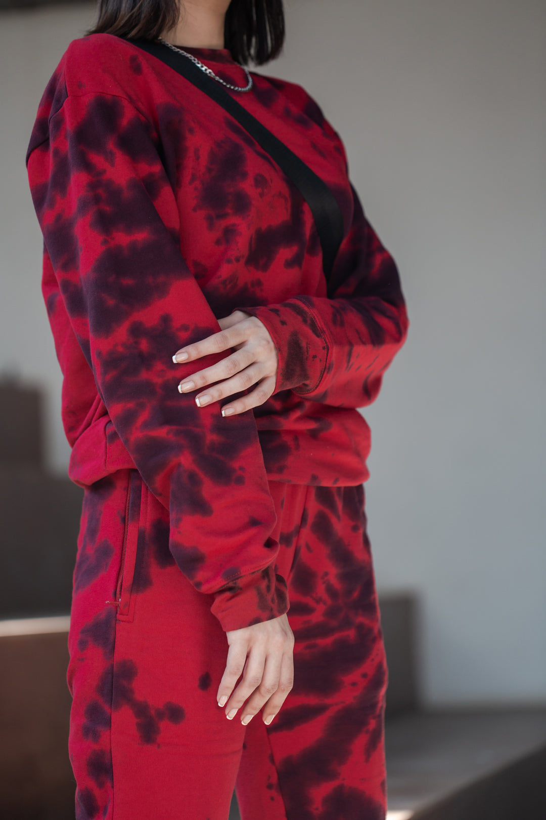 Red And Black Tie Dye Full Sleeves Tee + Lower