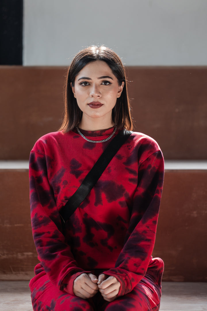 Red And Black Tie Dye Full Sleeves Tee + Lower